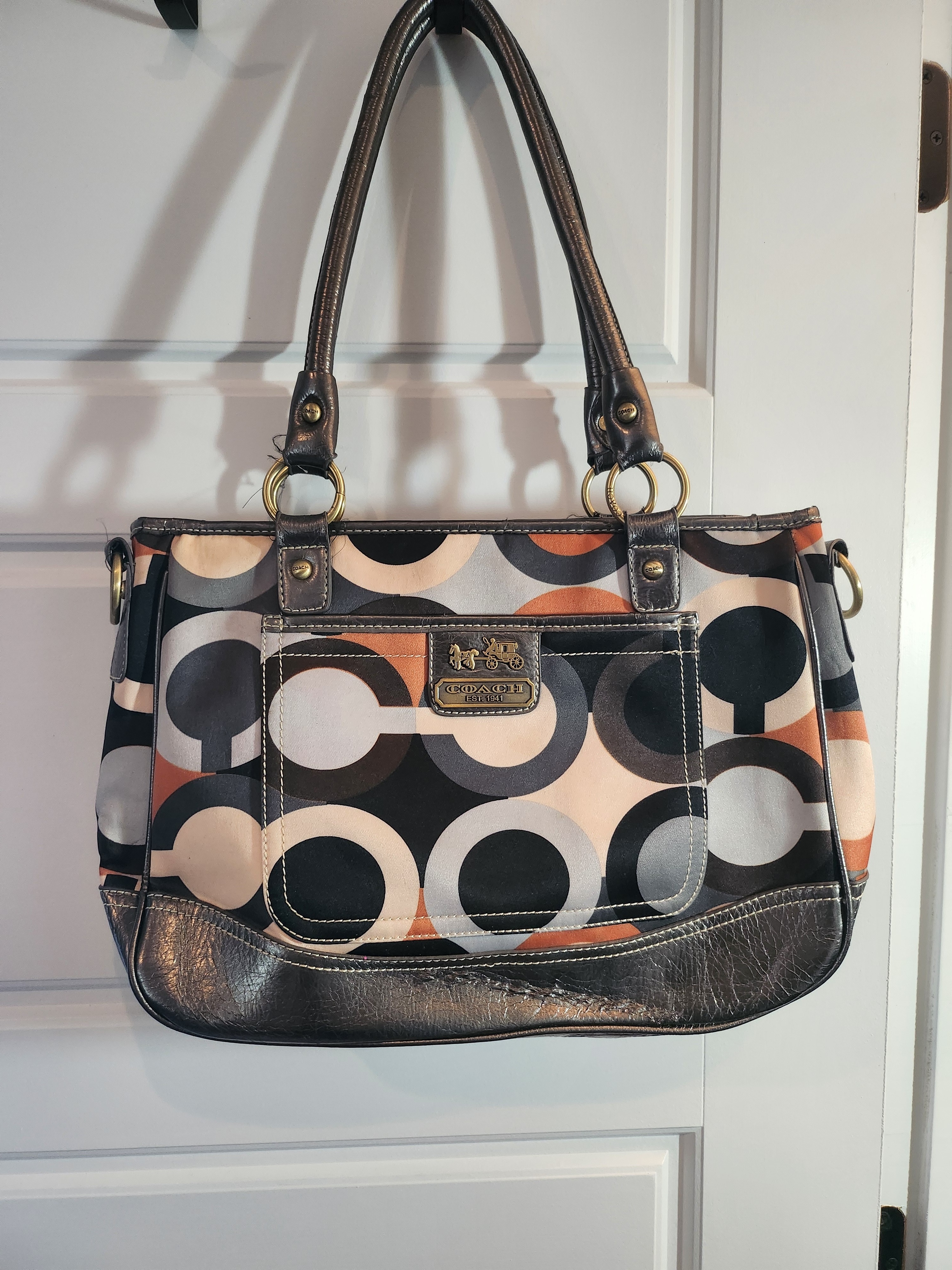 Coach Multicolor Signature Circle Print Shoulder Bag In Black, Tan & Cream